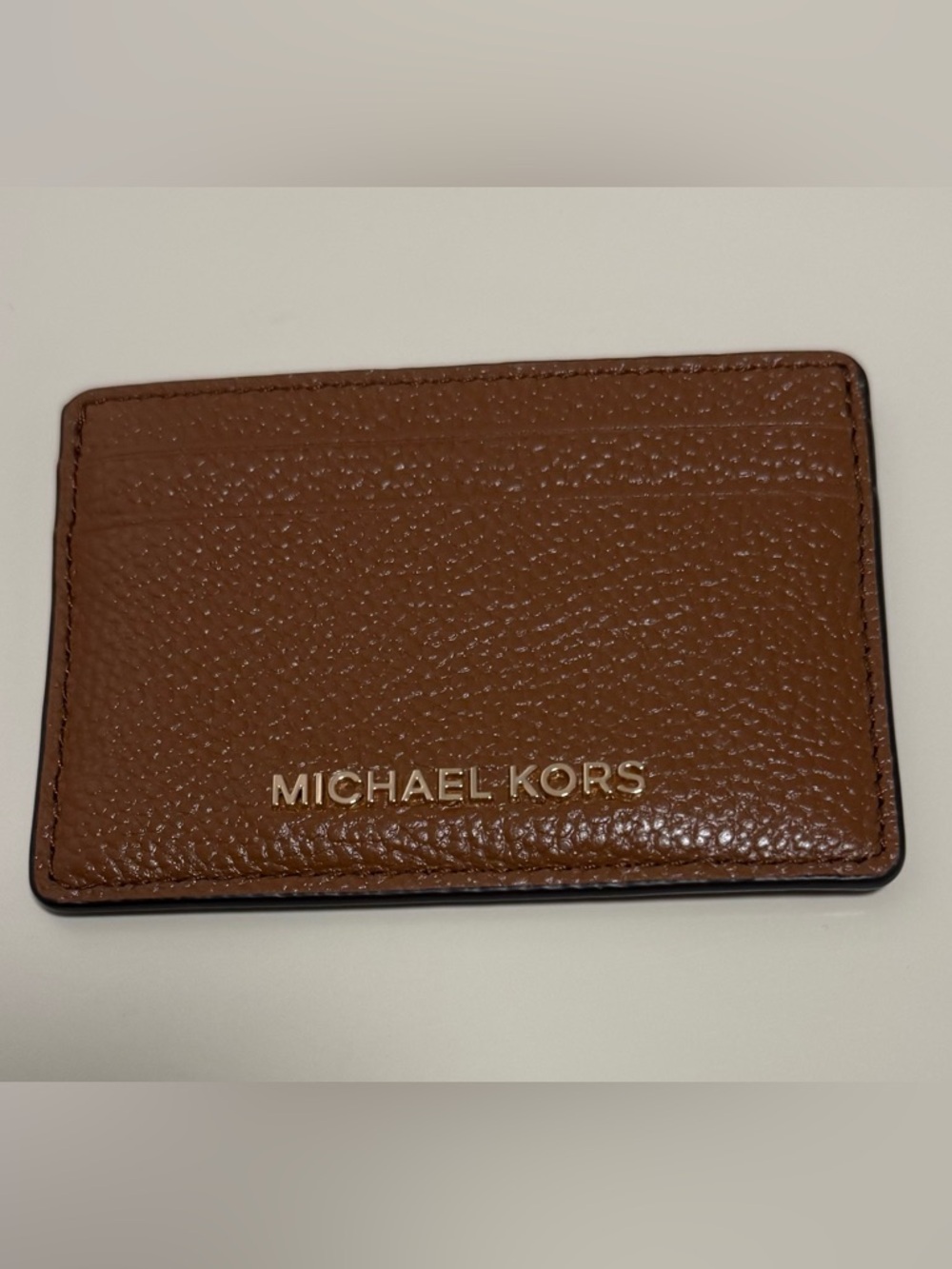 Michael Kors Brown Pebbled Leather Card Wallet with Gold Logo